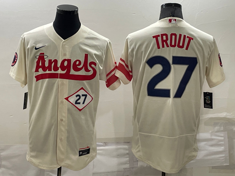 Men's Los Angeles Angels Mike Trout #27 Beige Stitched Jersey
